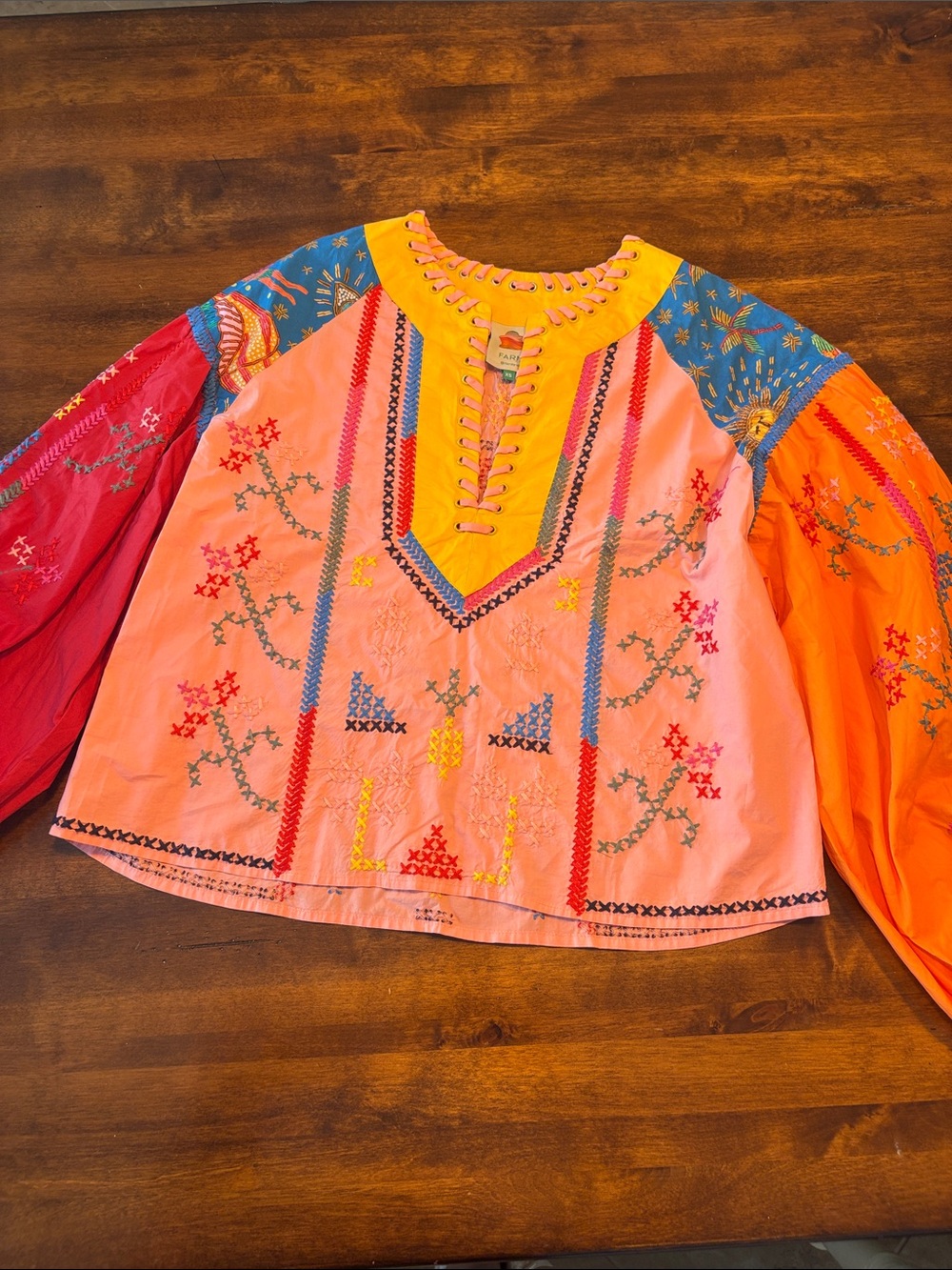 FARM Rio Pink Multi-Color Embroidered Peasant Blouse